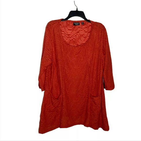 NWT Onque Casual Tunic Top Blouse 1X Textured Knit Pockets Orange 3/4 Sleeve - Picture 2 of 10